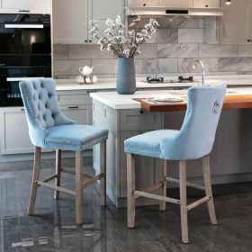 Contemporary Velvet Upholstered Barstools with Button Tufted Decoration and Wooden Legs, and Chrome Nailhead Trim, Leisure Style Bar Chairs,Bar s